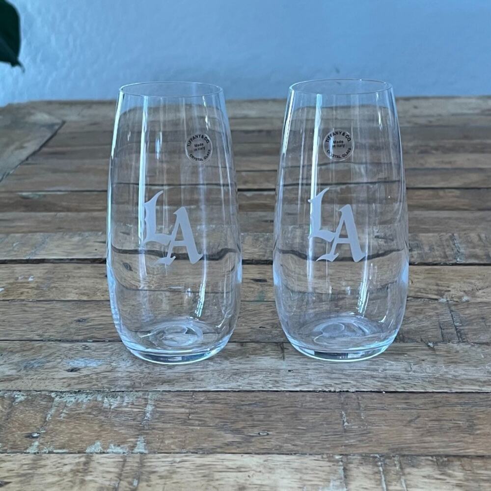 Tiffany & Co. Stemless Crystal Champagne Glasses Etched LA Monogram